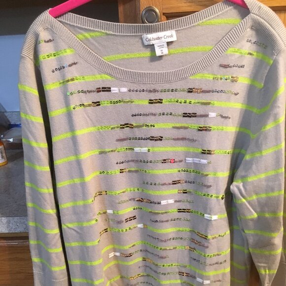 COLDWATER CREEK SWEATER. GREY/STRIPED LIME GREEN SEQUINED/BEADS. 1X ($80) - Picture 1 of 6